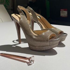 Jessica Simpson Gold Rhinestone Platform Heels Y2K Prom Party Wedding Glam 8.5